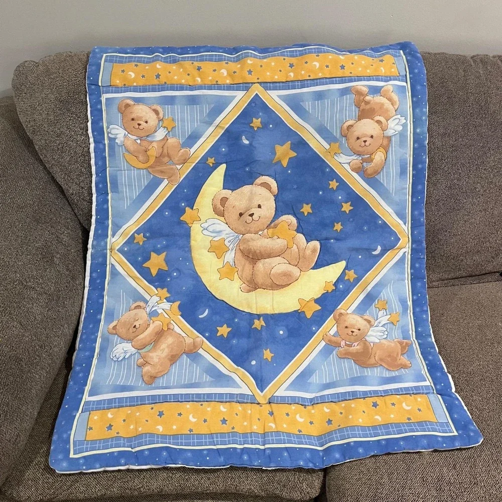 Vtg 90s Celestial Angel Teddy Bear Moon Stars Baby Quilt‎ Blue Yellow 33x42